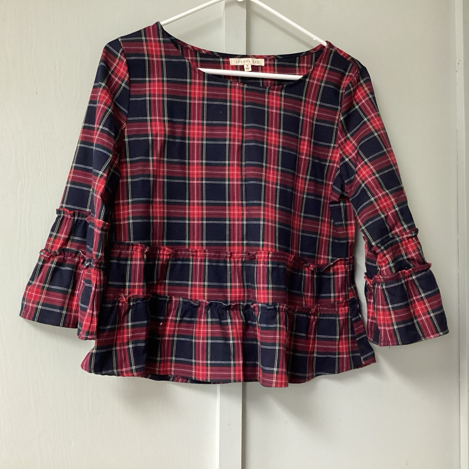 Copper Key Women’s Blouse Size Medium Ruffle Crewneck Red Black Plaid Charismas