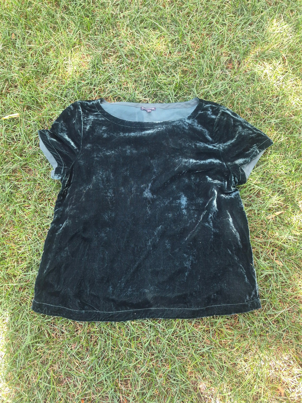 Eileen Fisher Silk Rayon Velvet XL Bateau Neck Short Sleeve Top Pine Green