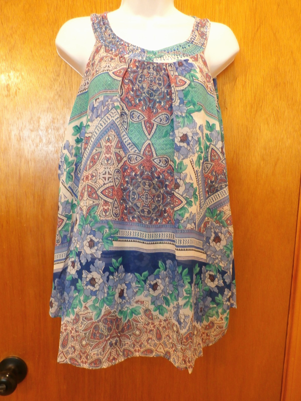 Est. 1946 Multicolored Floral Sleeveless Tunic Top Layered Blue Stones Large