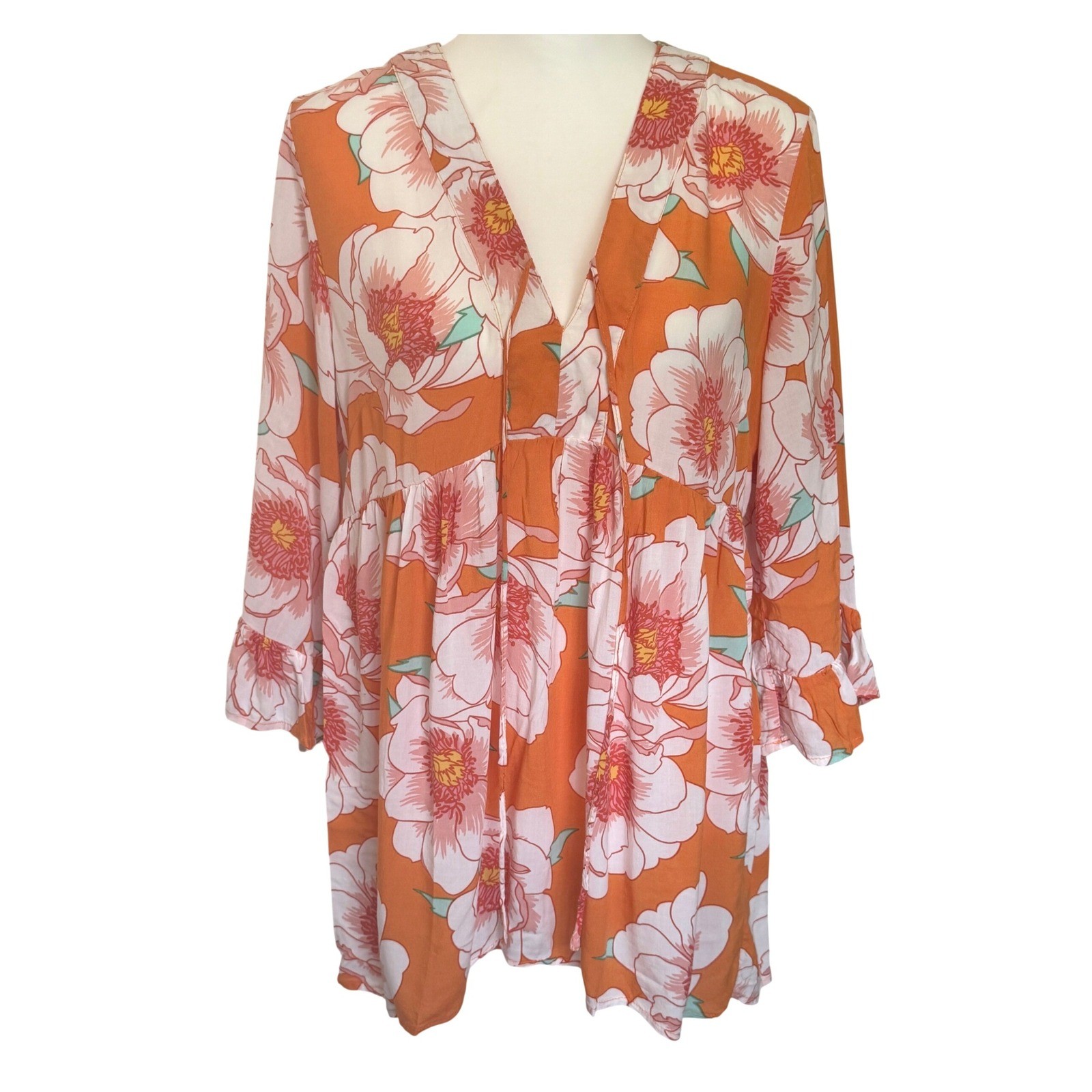 C&C California Womens S Orange Pink Floral Boho Babydoll Tunic Top Beach Coastal