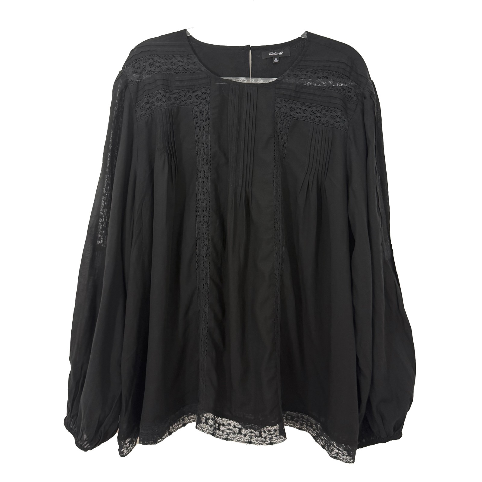 MADEWELL Lace-Insert Pintucked Long-Sleeve Top 3X Jet Black Lightweight NEW B9