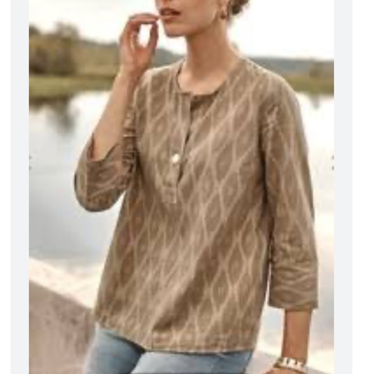 Pure Jill J. Jill Ikat Top Camel Cream Cotton Split Neck Blouse 299351 XL