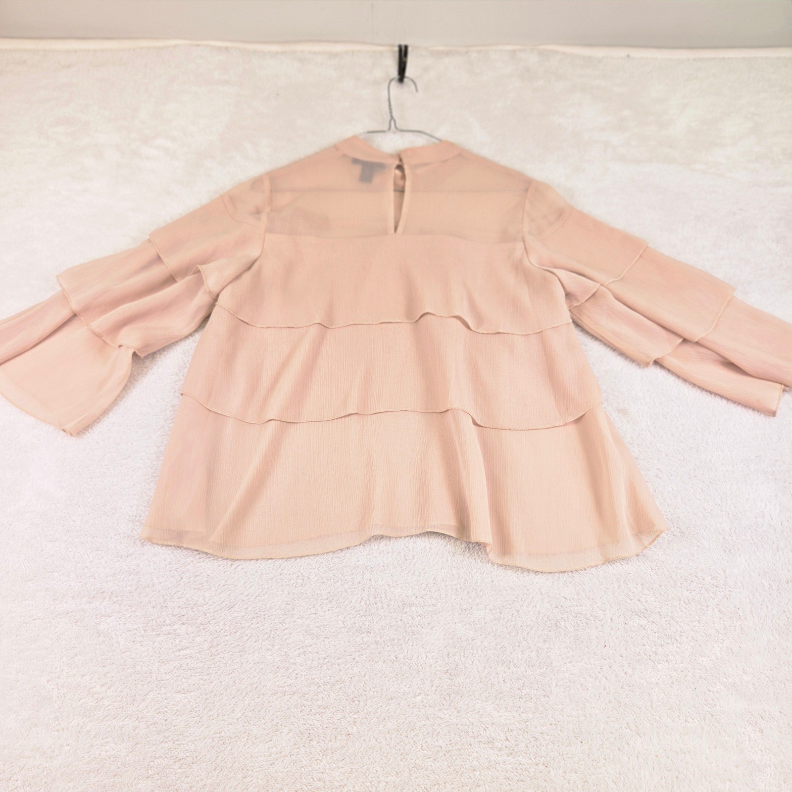 AQUA Peach Pleated Tiered Ruffle Blouse Womens Small High Neck Bell Sleeve Top