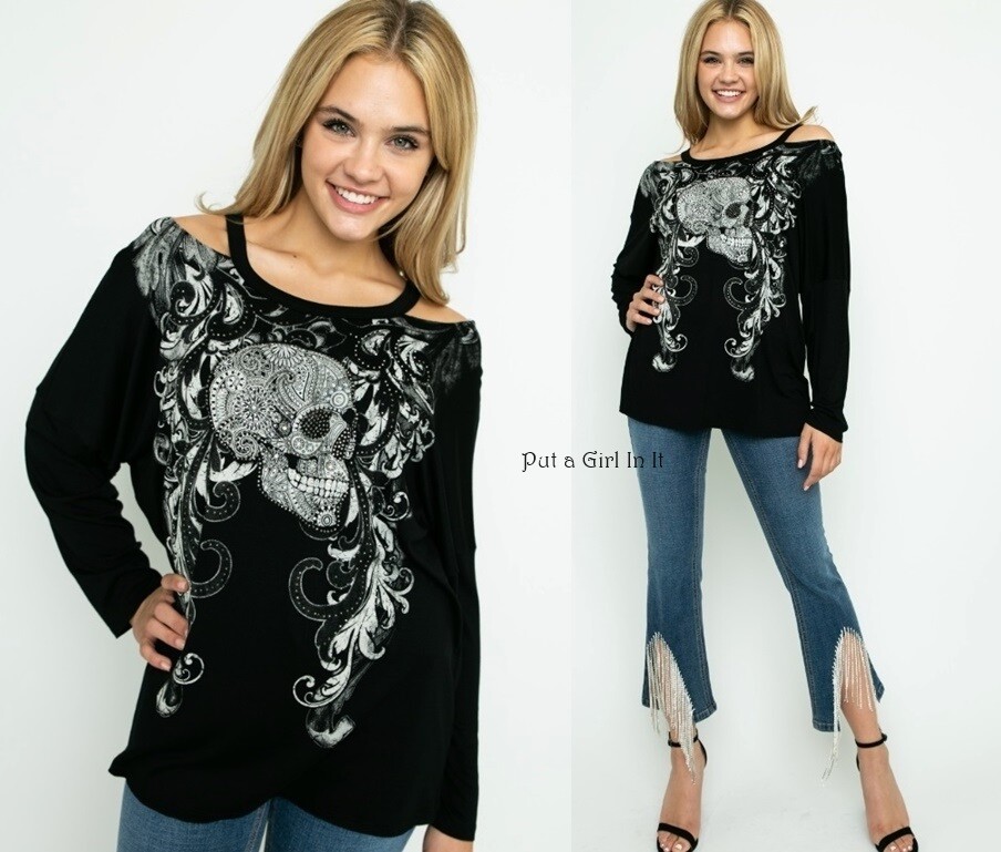 New VOCAL Womens PLUS SIZE BLACK SUGAR SKULL COLD SHOULDER SOFT SHIRT 1X 2X 3X