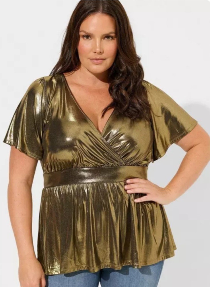 Torrid Liquid Shine Top Gold Surplice Peplum Party Club Size 2 2X Formal Evening