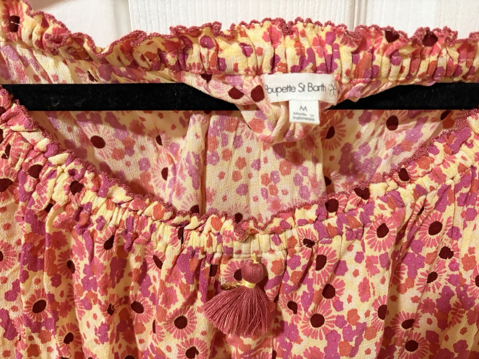Poupette St Barth Floral Off Shoulder Cropped Blouse Ruffle Tassel Stretch M