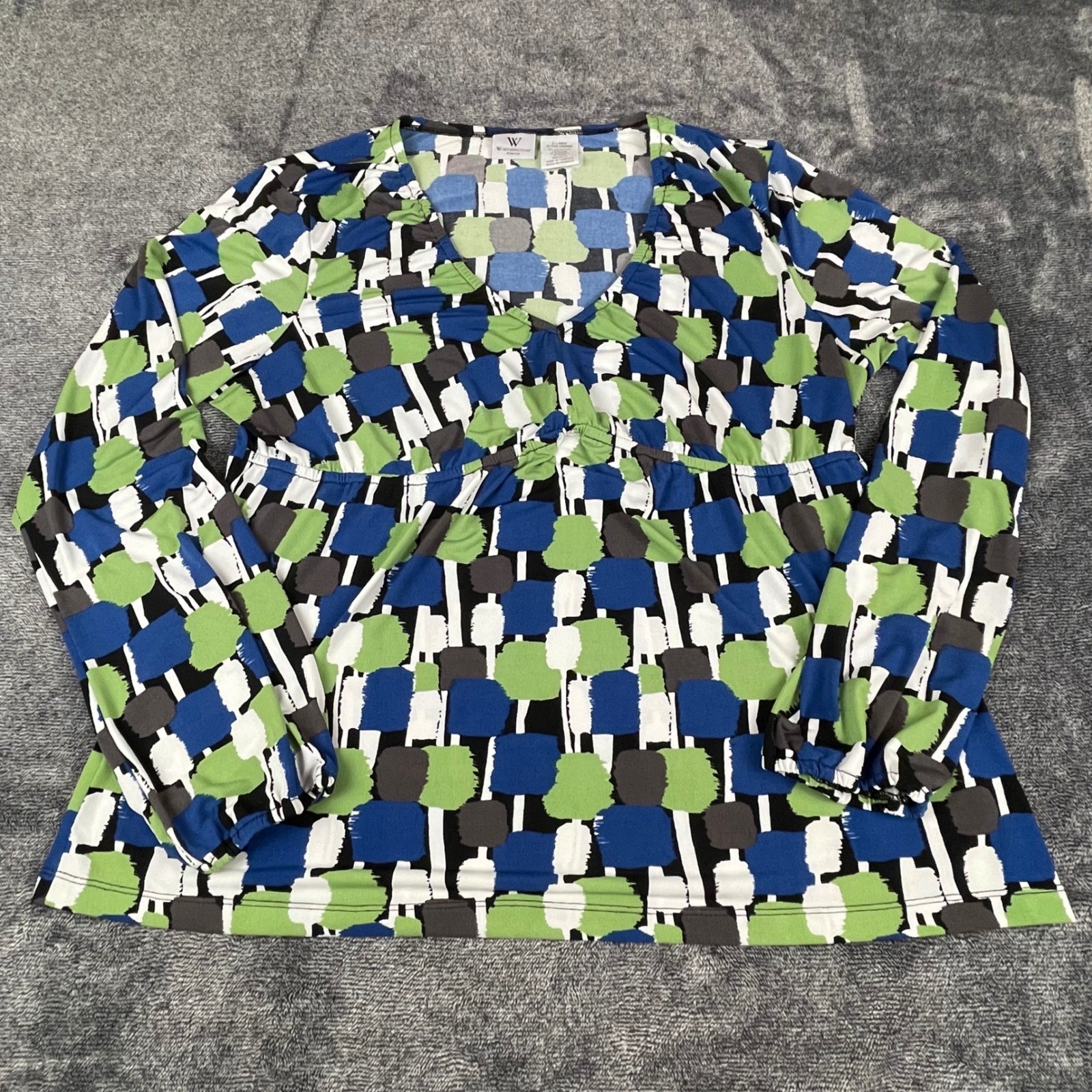 Worthington Stretch Women XL Blue Green Abstract Geometric Empire Waist Blouse