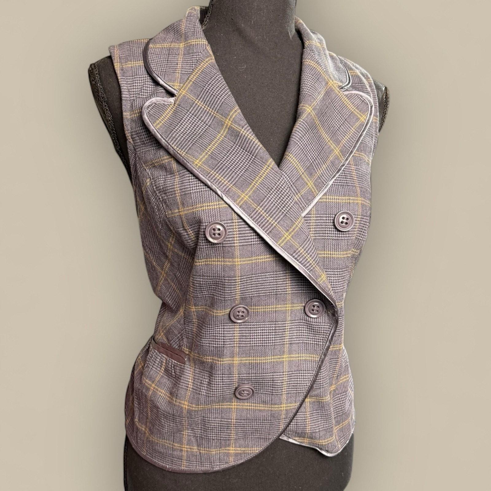 Y2K Top Women Gray Button Up Shirt Vest Large Alice Cullen Plaid Preppy Candies