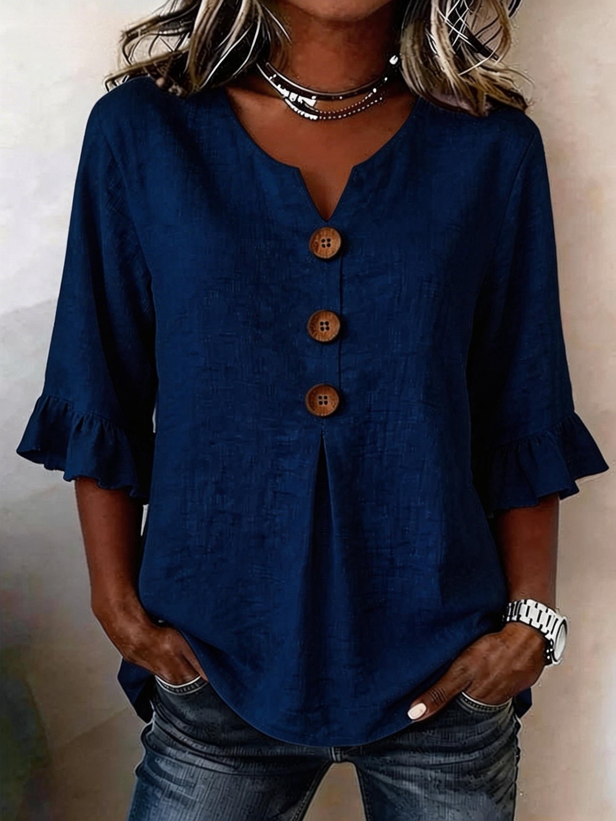 Summer Ruffled-Sleeve Top Loose Casual V-Neck Buttons Short-sleeved Shirts Women