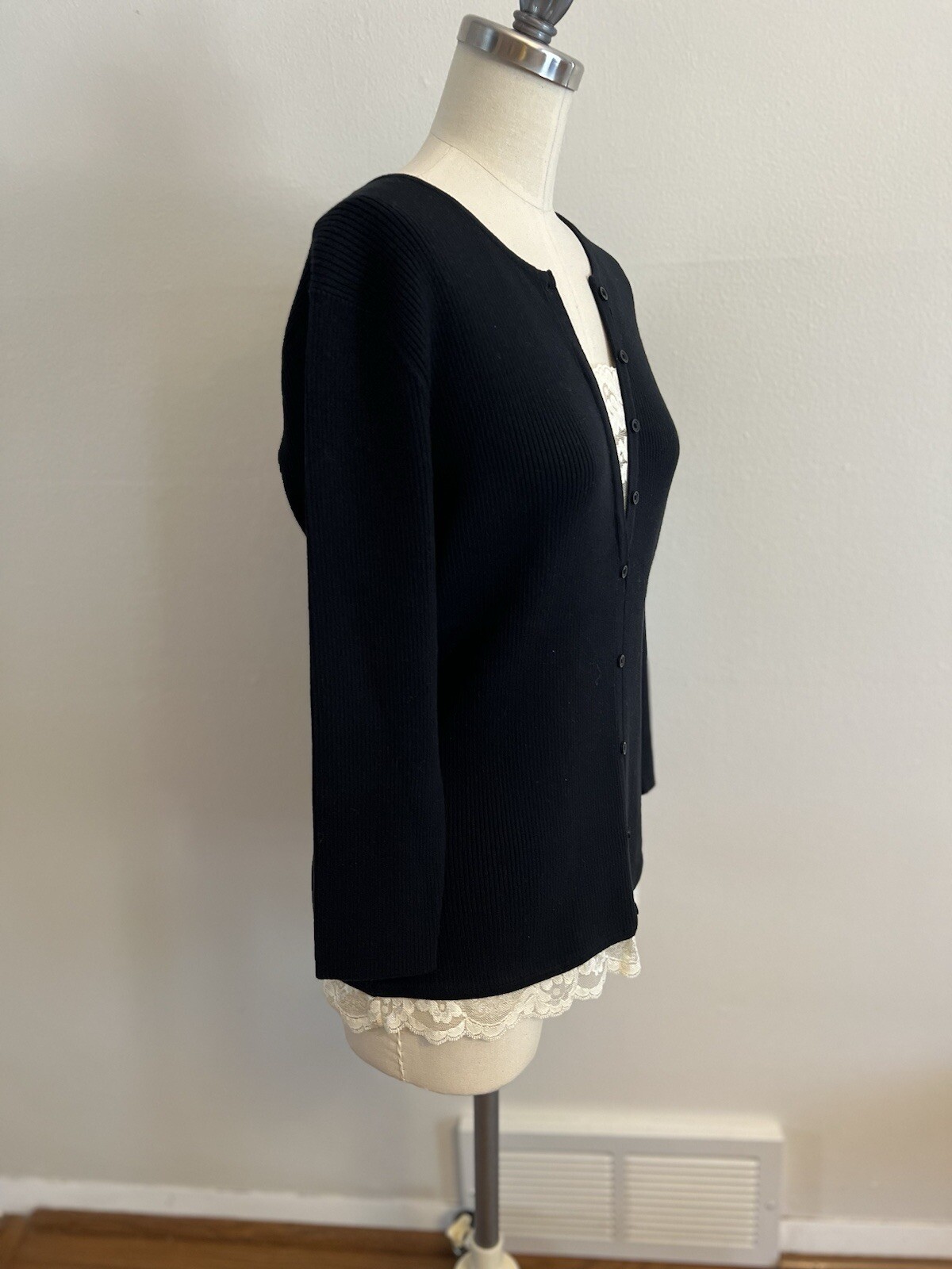 Vintage Spiegel Women’s Blouse L Black/Ivory Lace Pullover Ribbed Cotton 3/4 Slv