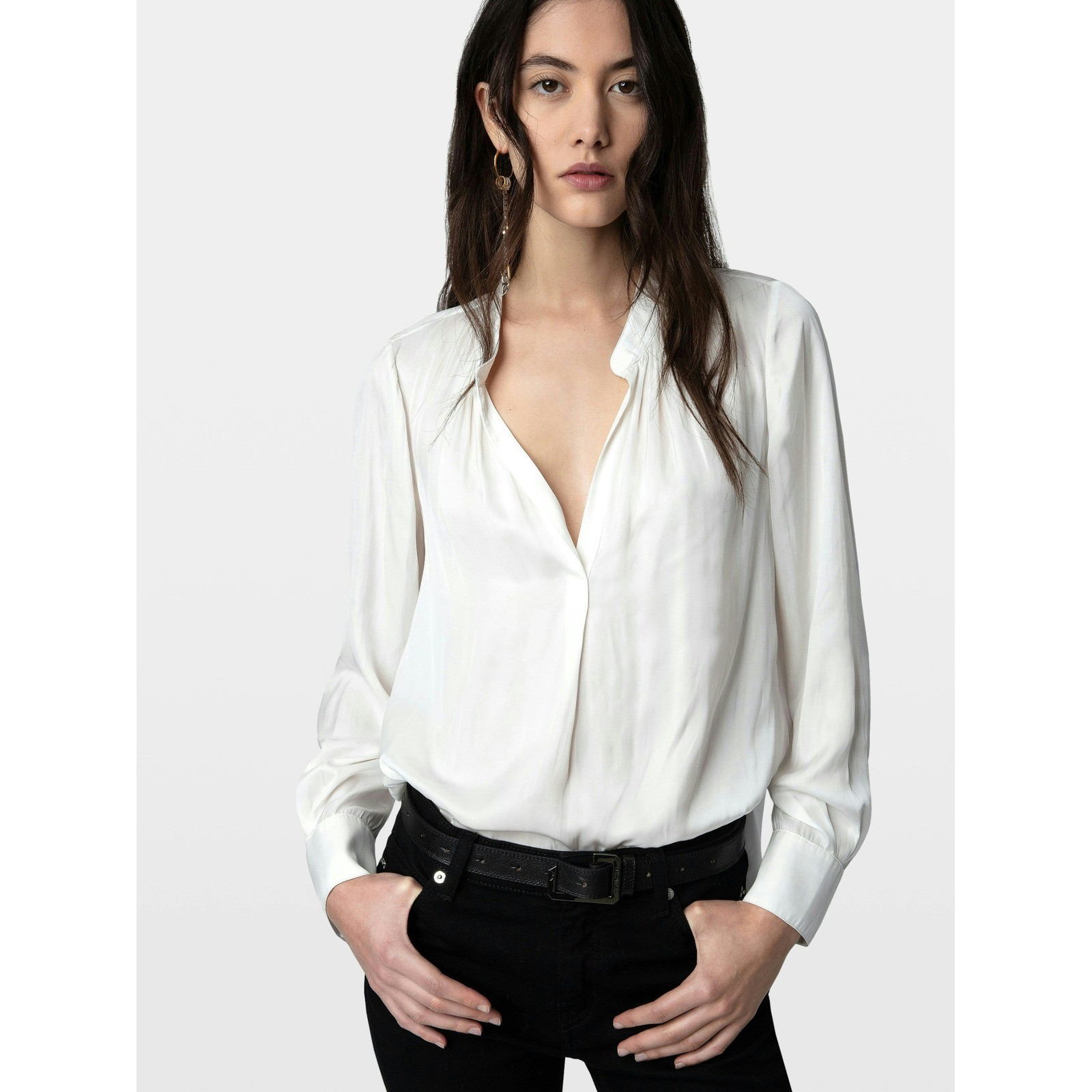 Zadig & Voltaire Tink Satin Perm Blouse White V-Neck Pleated Top PWGCP3201F S