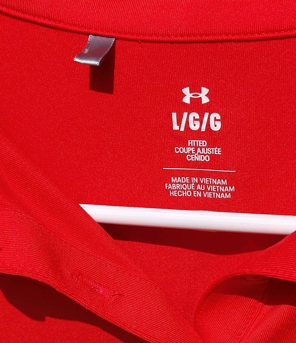 Under Armour Womans Fitted Red Polo Shirt L Short Sleeve Recycled Logo