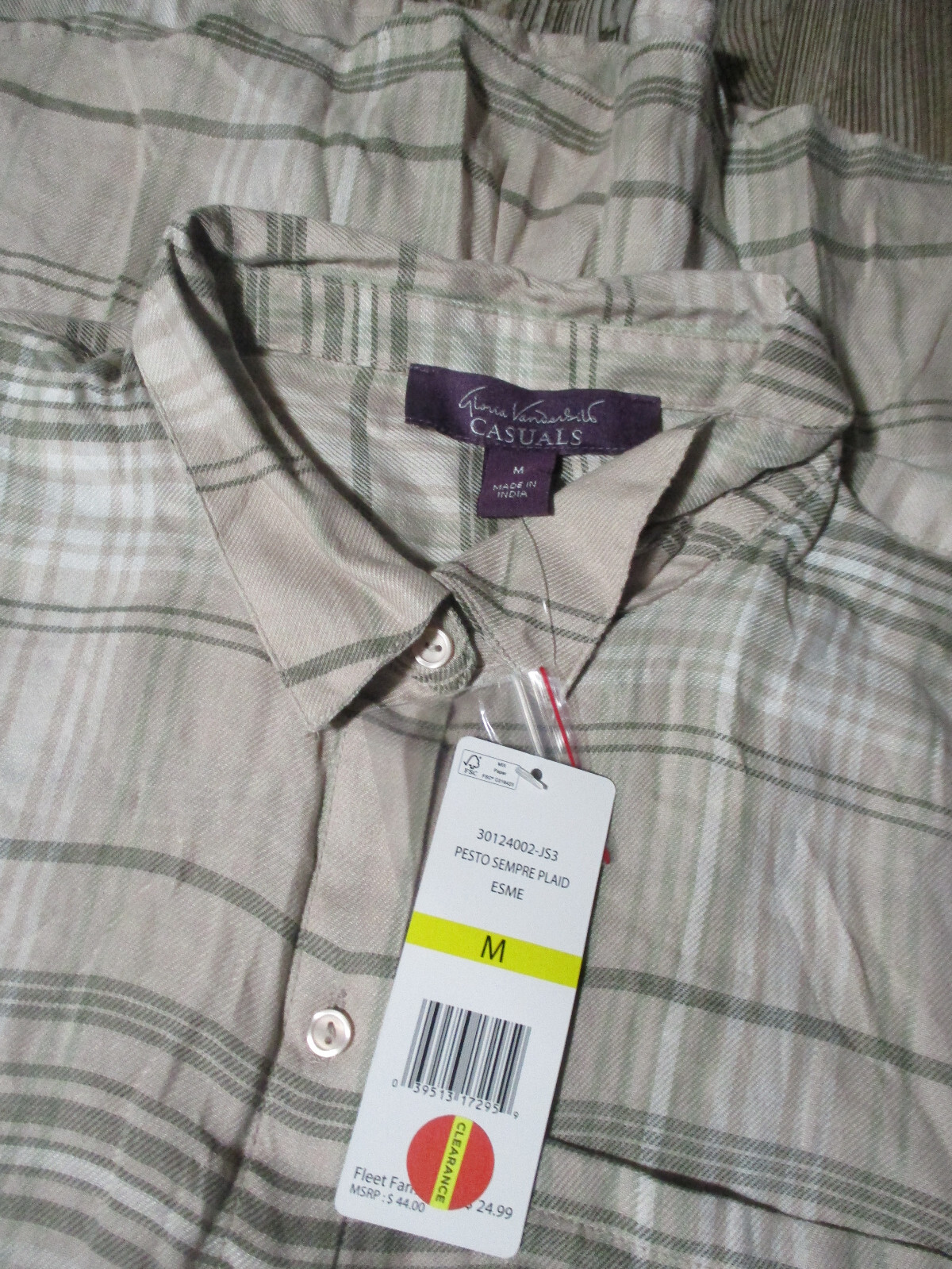 Gloria Vanderbilt Esme Pesto Sempre Beige Plaid Top Button NWT Sz Medium