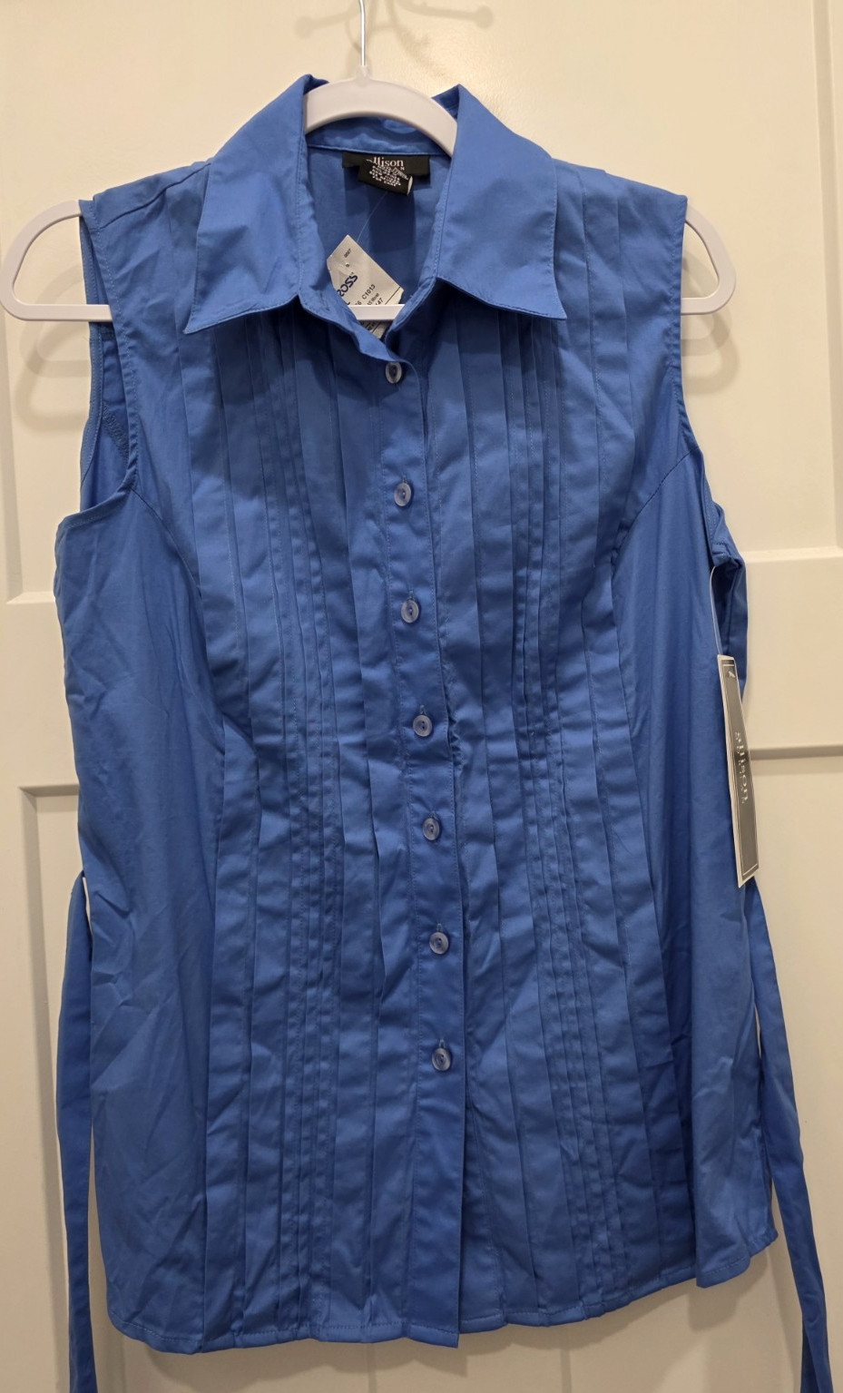 Allison Morgan Royal Blue Sleeveless Button Up Pintuck Front Belted Top Large