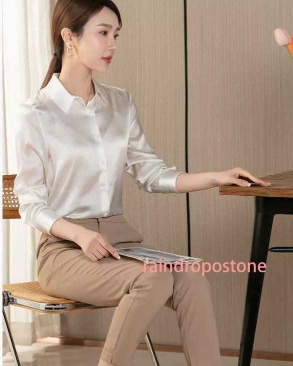 Imitated Silk Satin Long Sleeve Button Down V Neck Workwear Blouse Top Shirts