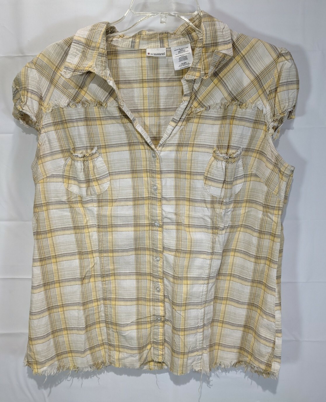 NO BOUNDARIES Wmn/Jr Yellow Button-Up Collar Cap Sleeve Fringe Pocket Top sz XL