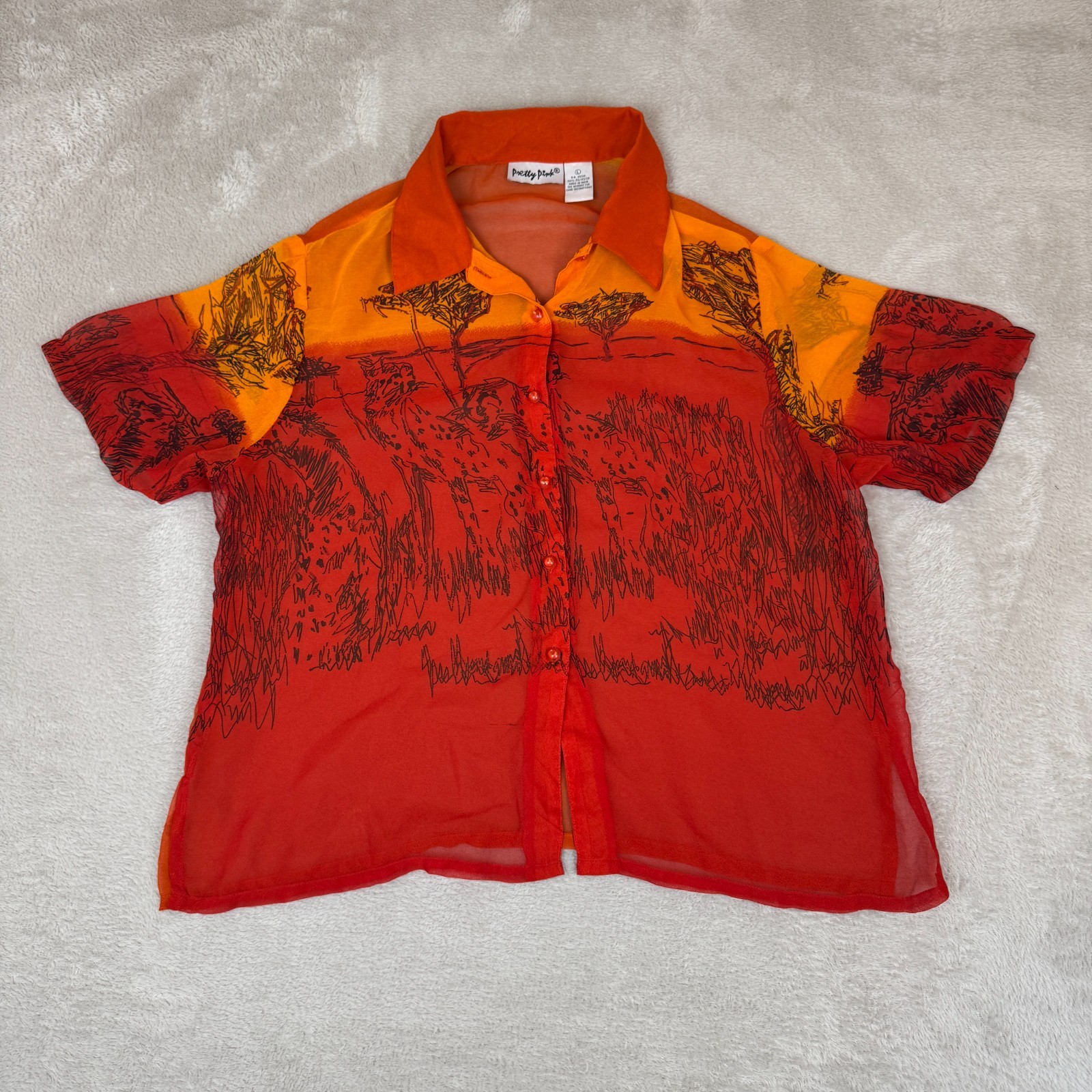 Vintage Pretty Pink Button Up Shirt Womens L Orange Preowned Animal Print Summer