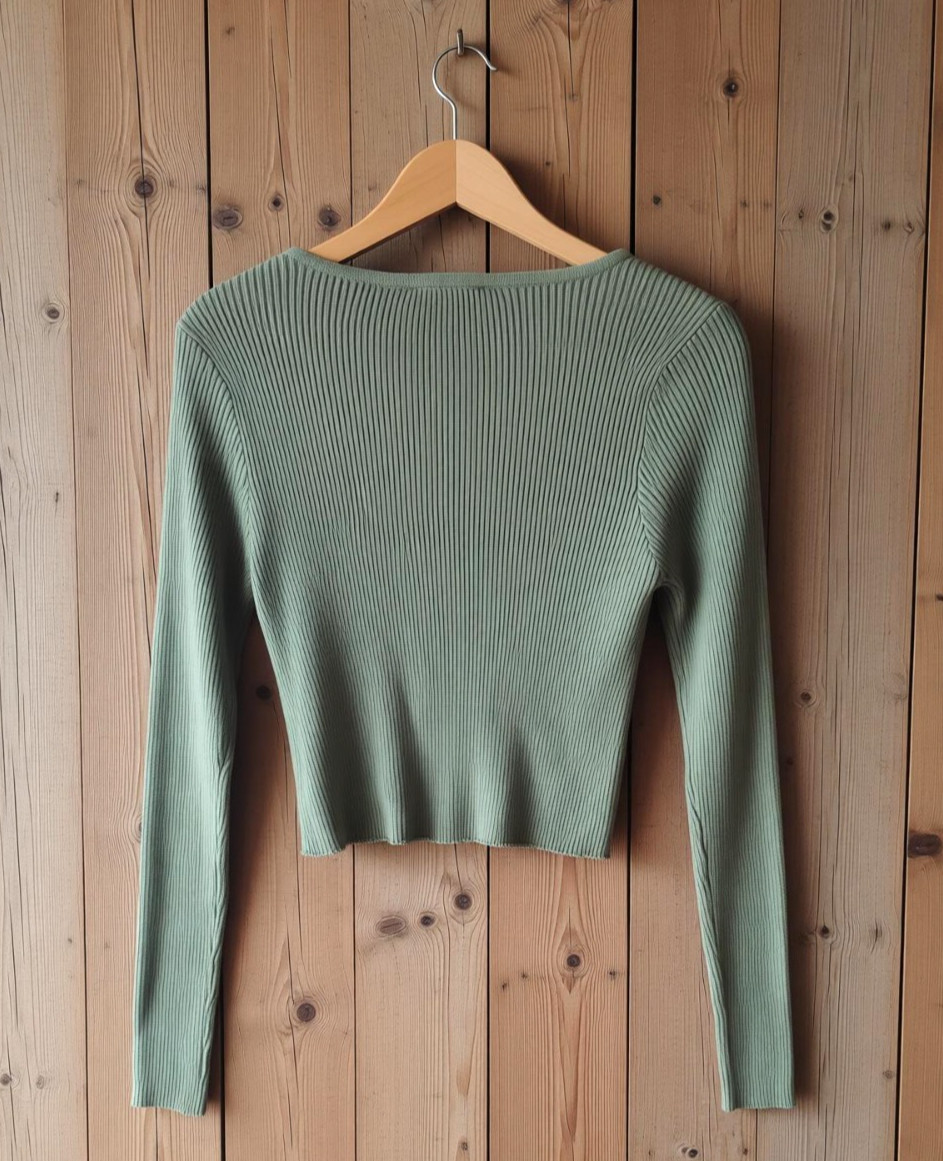 Forever 21 Womens Small Olive Sage Green Notch Neck Ribbed Long Sleeve Top S