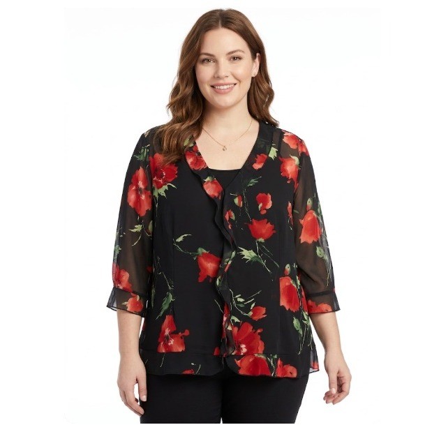 Emma James Silk Blouse size 14 Black Red Poppy Floral Ruffle Sheer 3/4 Sleeve