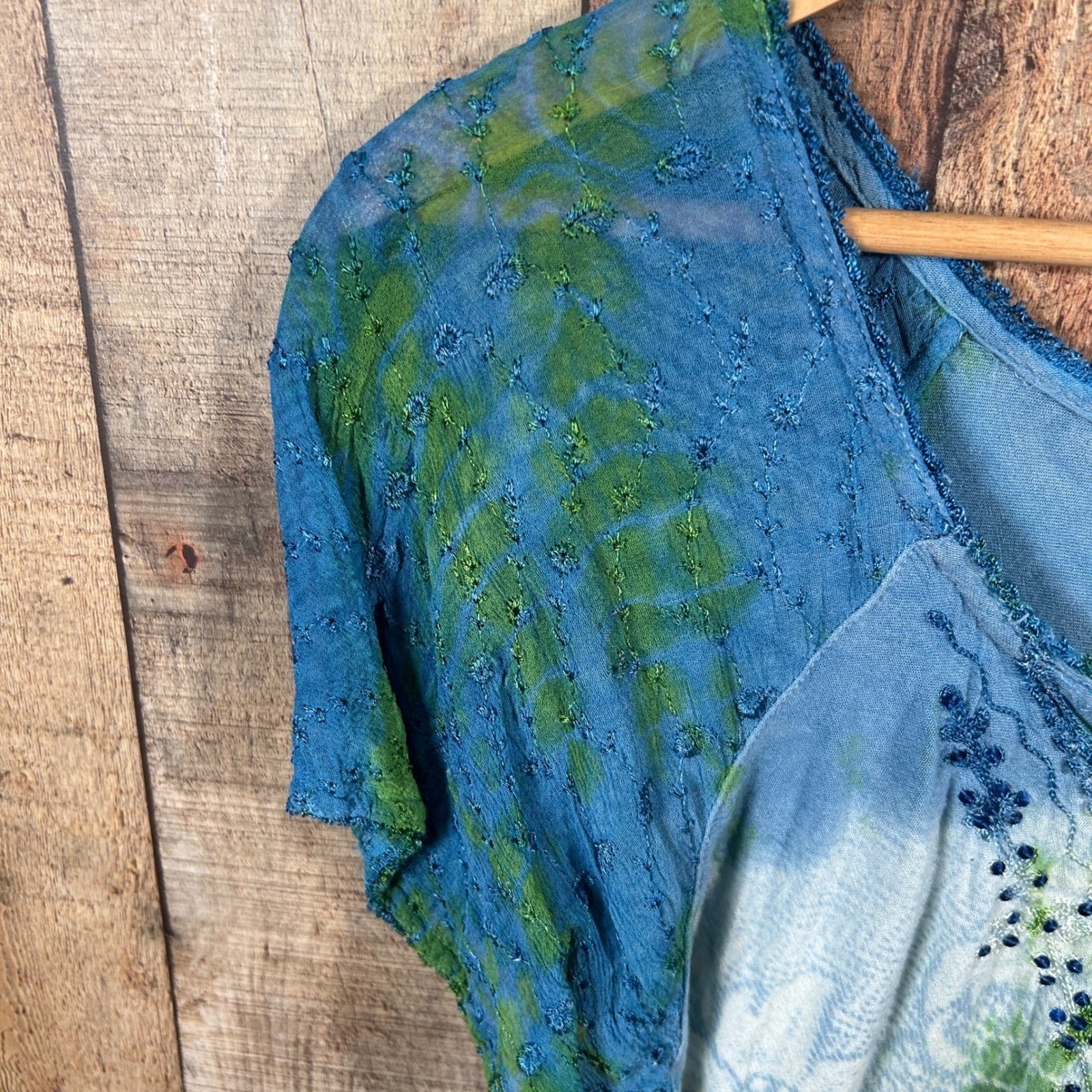 Sakkas Boho Tie Dye Embroidered Beaded Tunic Top Beach Plus Size Blue Green