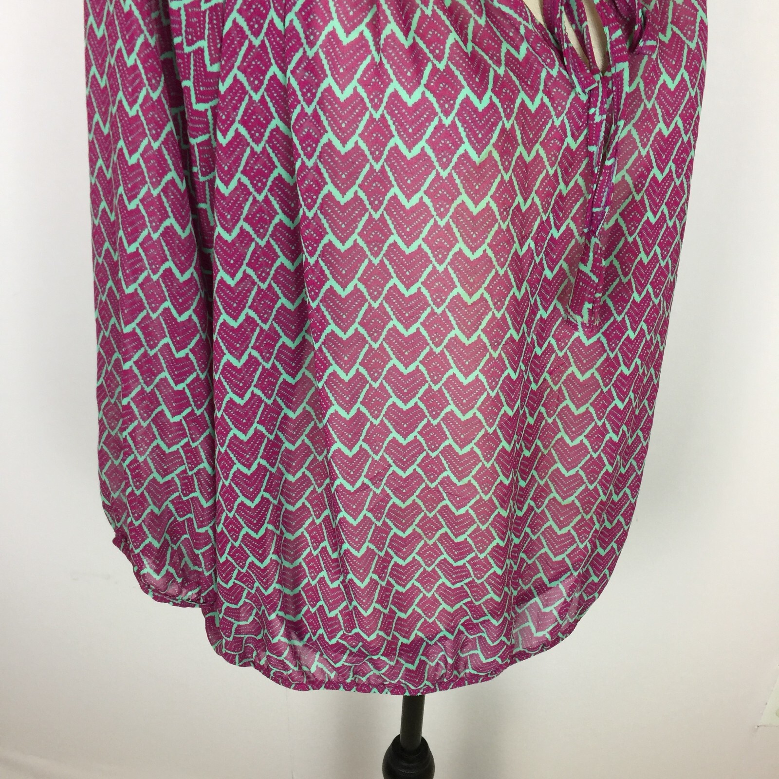Olivia Moon Peasant Blouse Top XL Womans Purple Heart Print Sheer Elastic Waist