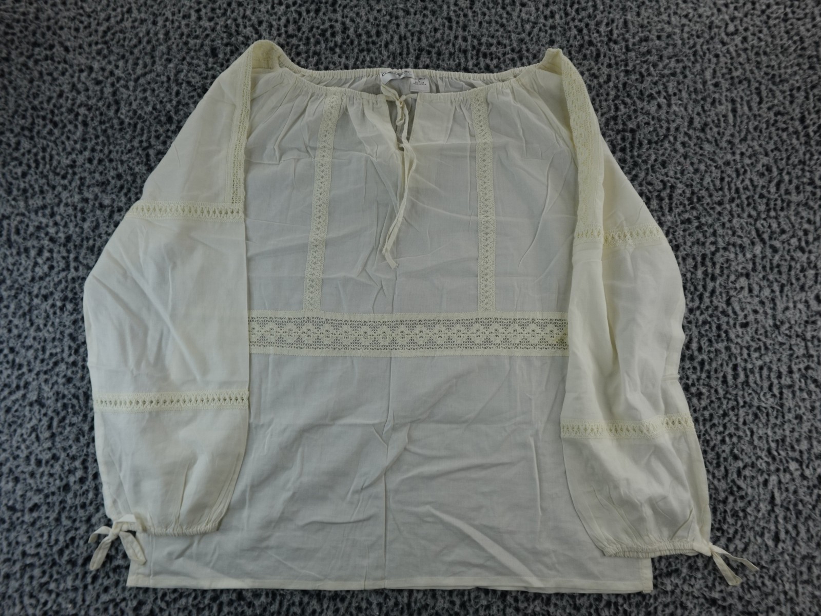 Claudia Richard Embroidered Tie Front Crochet Beige Bell Sleeve Blouse Top Sz L