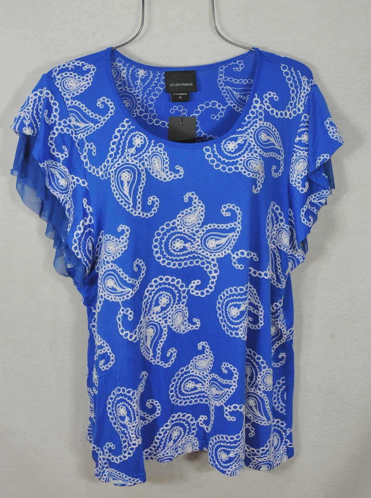 Liv Los Angeles Women’s Blouse XL Blue Paisley Embroidered Flutter Sleeve NWT