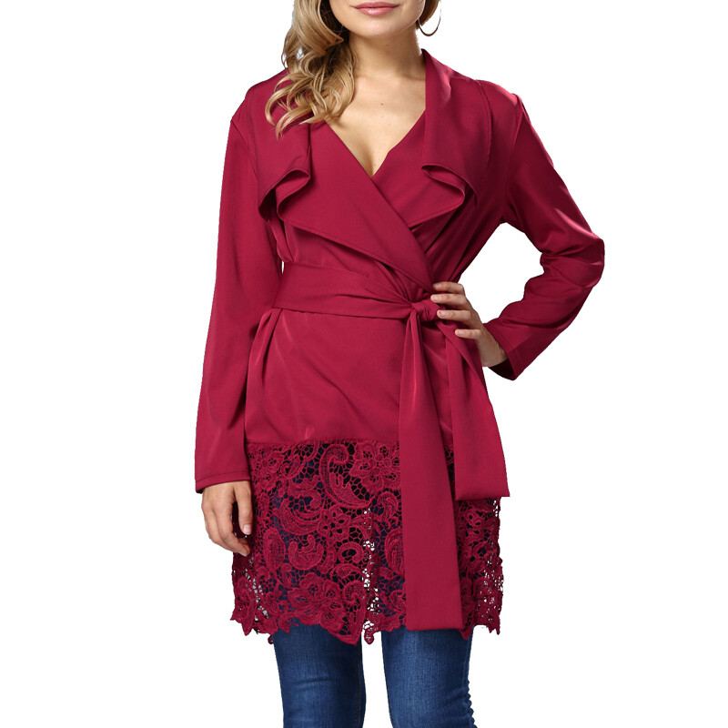 US Women’s Sexy Lace Stitching Loose Coat Belted Autumn Wind Coat Casual Tops
