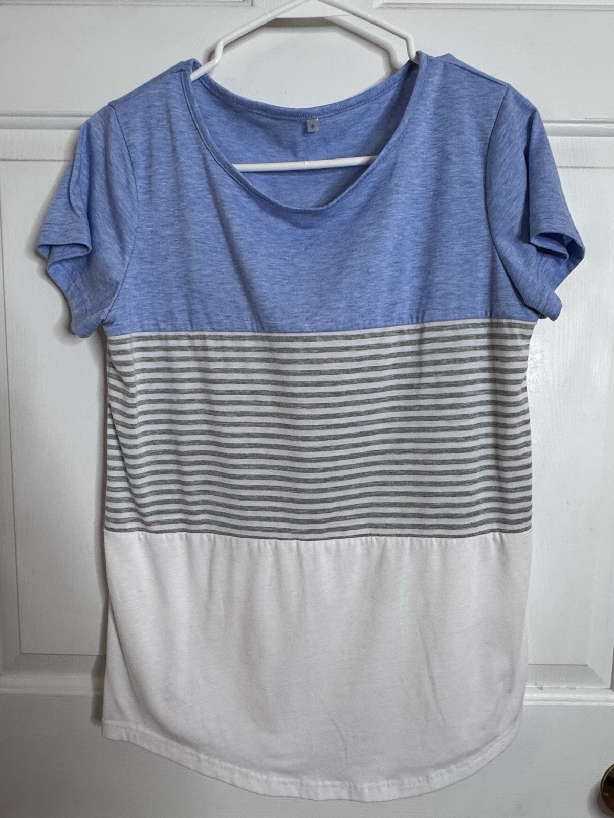 Blue, Gray Stripes and White Color Block Crew Tshirt