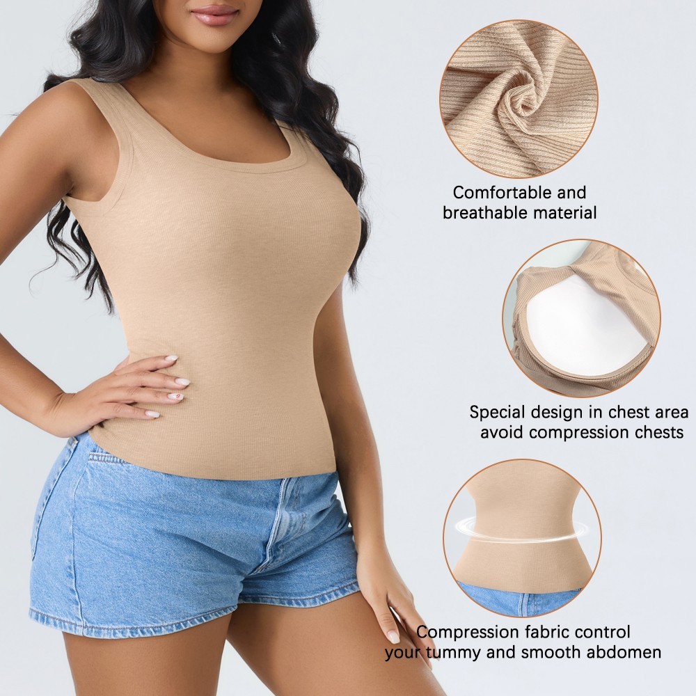 5 Pack Ribbed Square Neck Tank Top Built In Bra Tummy Control Slim Camisole