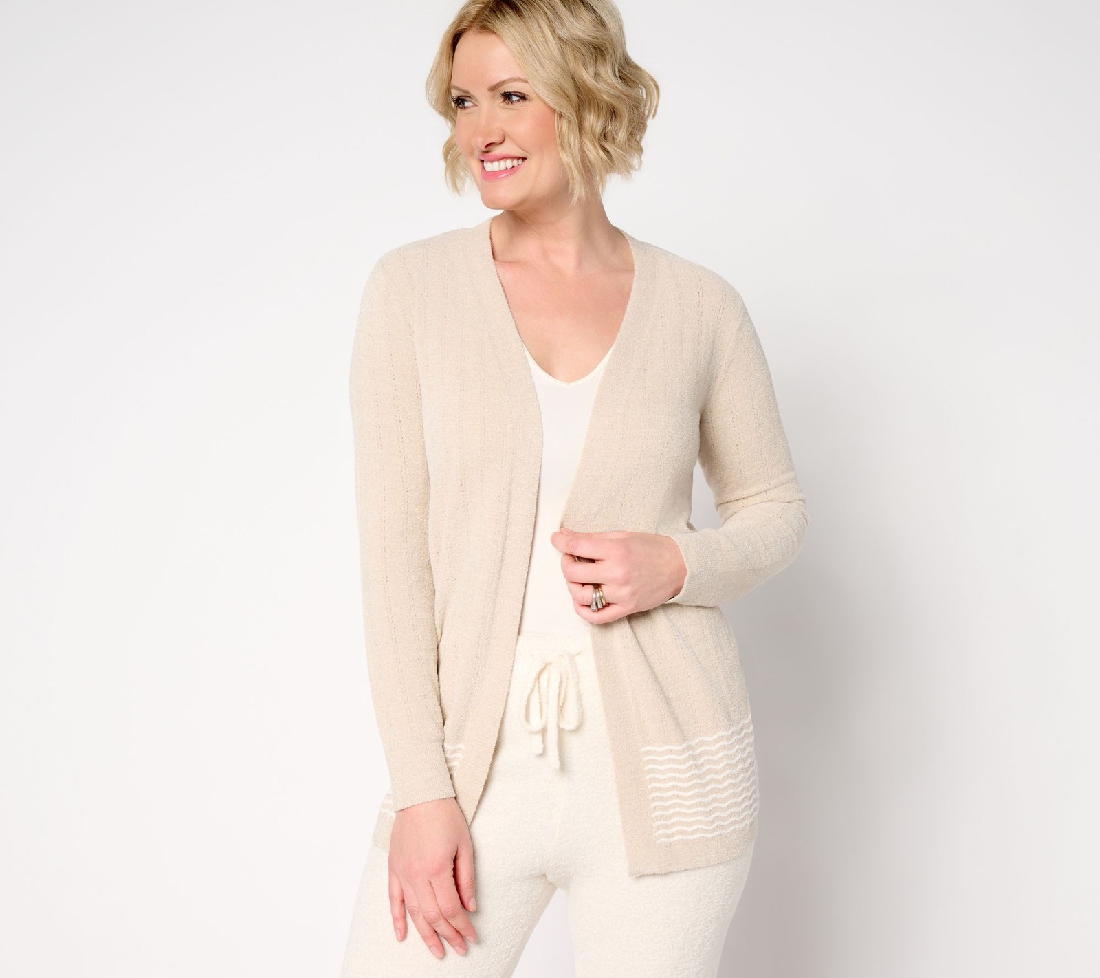 Barefoot Dreams CozyChic Ultra Lite Pointelle Cardigan Stone/Pearl L New