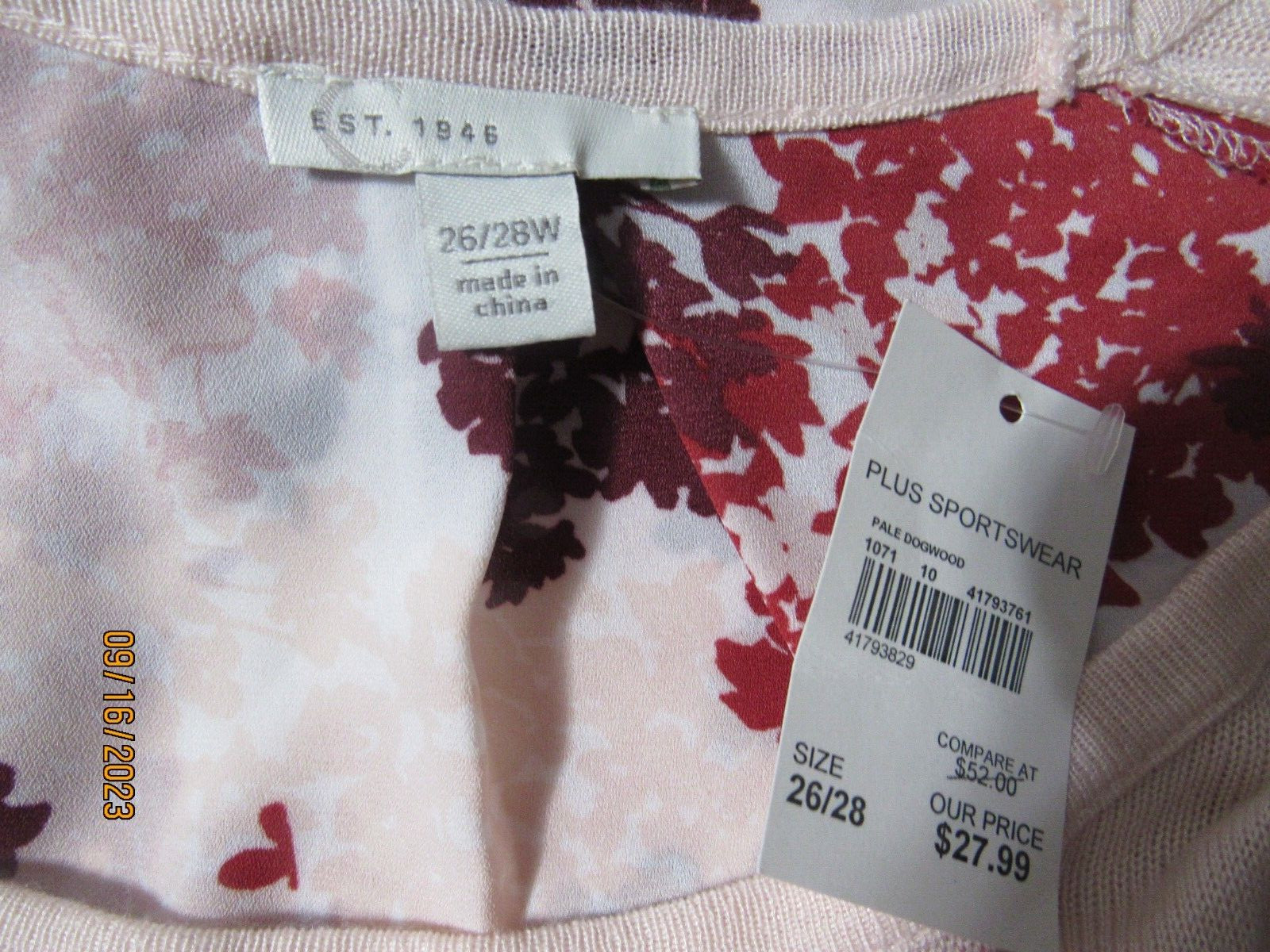 CATO EST. 1946 WOMEN’S L/S KNIT TUNIC TOP PINK FLORAL 26/28W NWT