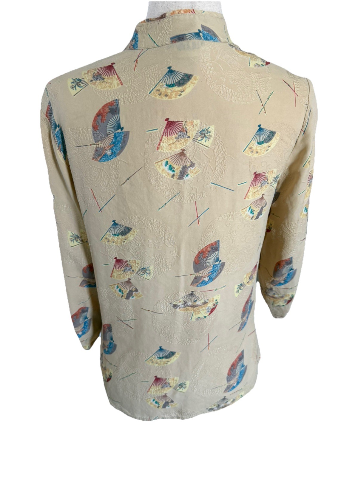 CITRON Santa Monica Silk Art to Wear Asian Fan Print Mandarin Collar Top Size S