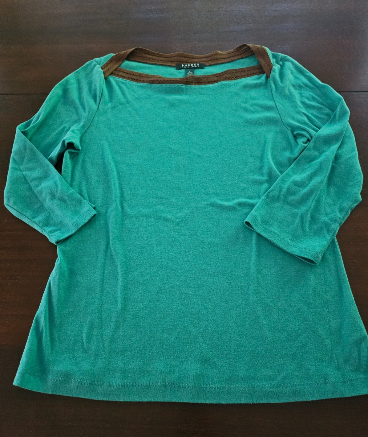 Lauren Ralph Lauren Teal Square Brown Trim neck￼ Pull Over Top Size L