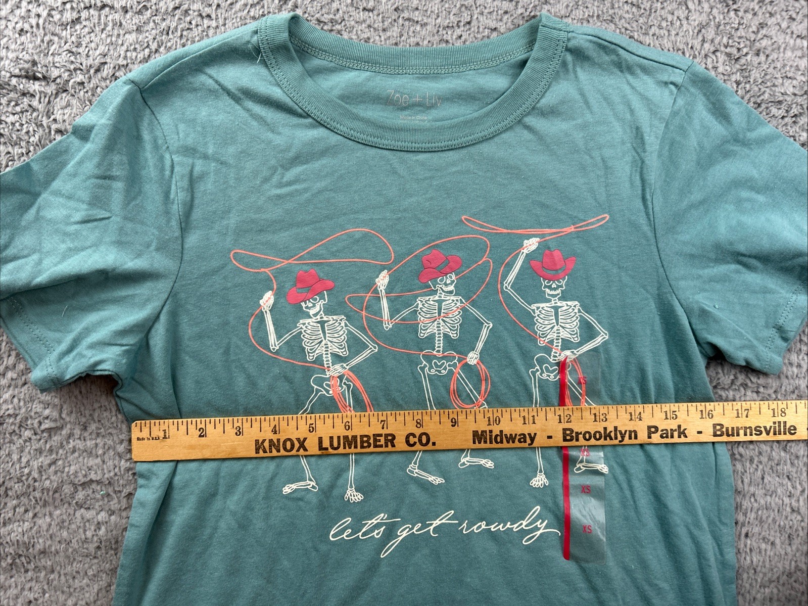 Zoe + Liv Shirt Womens XS Mineral Blue Lets Get Rowdy Skeleton Cowboy Tee