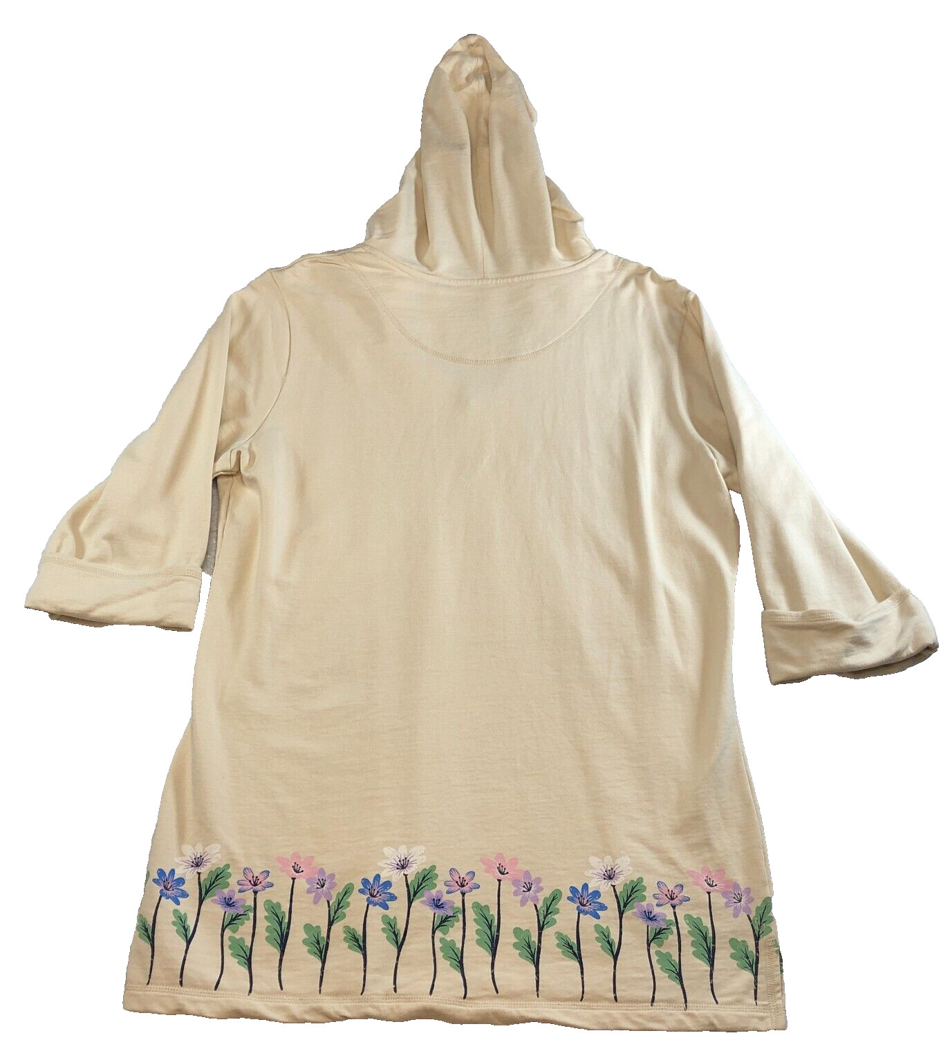 Sunberry Womens Hooded Tunic Top Sz M Beige Painted Flowers 3/4 Sleeves NWOT
