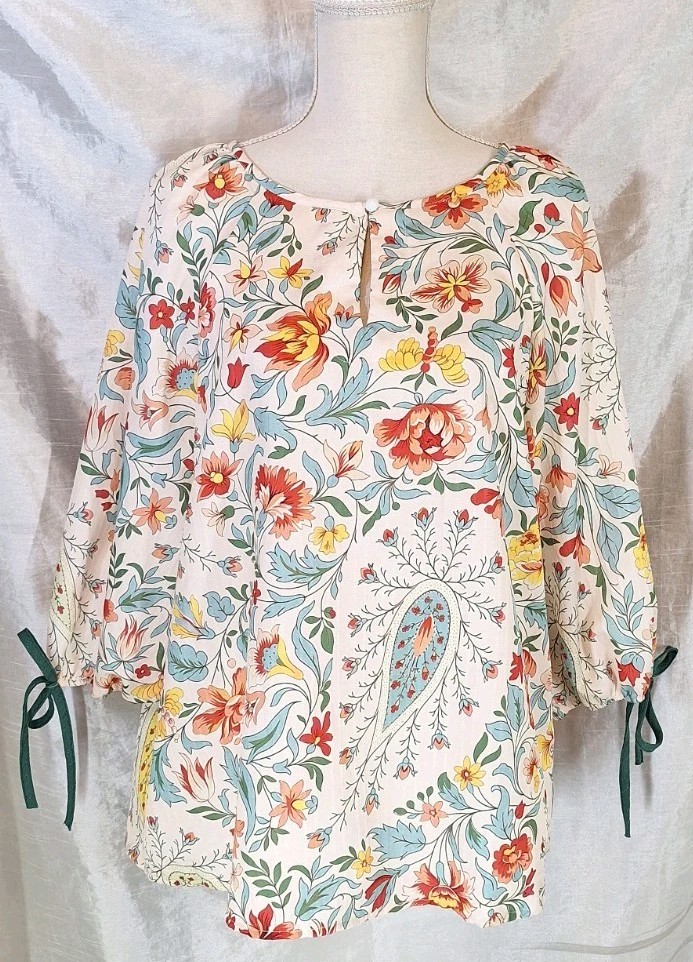 NWOT XL Paisley Ditsy Floral Blouse Button V-neck Tie Cuff Puff Sleeve Boho-chic