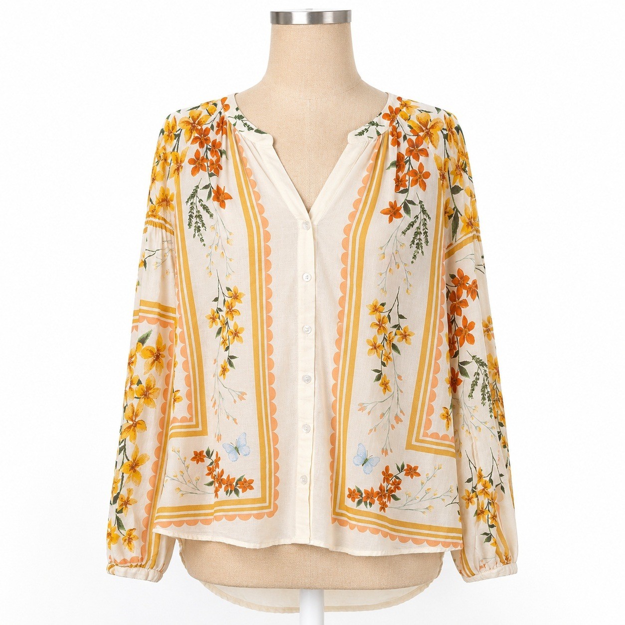 100% Cotton Floral Butterfly Button Top Size M Boho Indie Granola Beach Resort