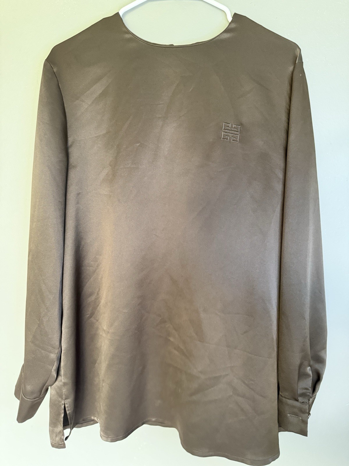 Givenchy Satin Blouse Chocolate Embroidered Logo Women’s 14