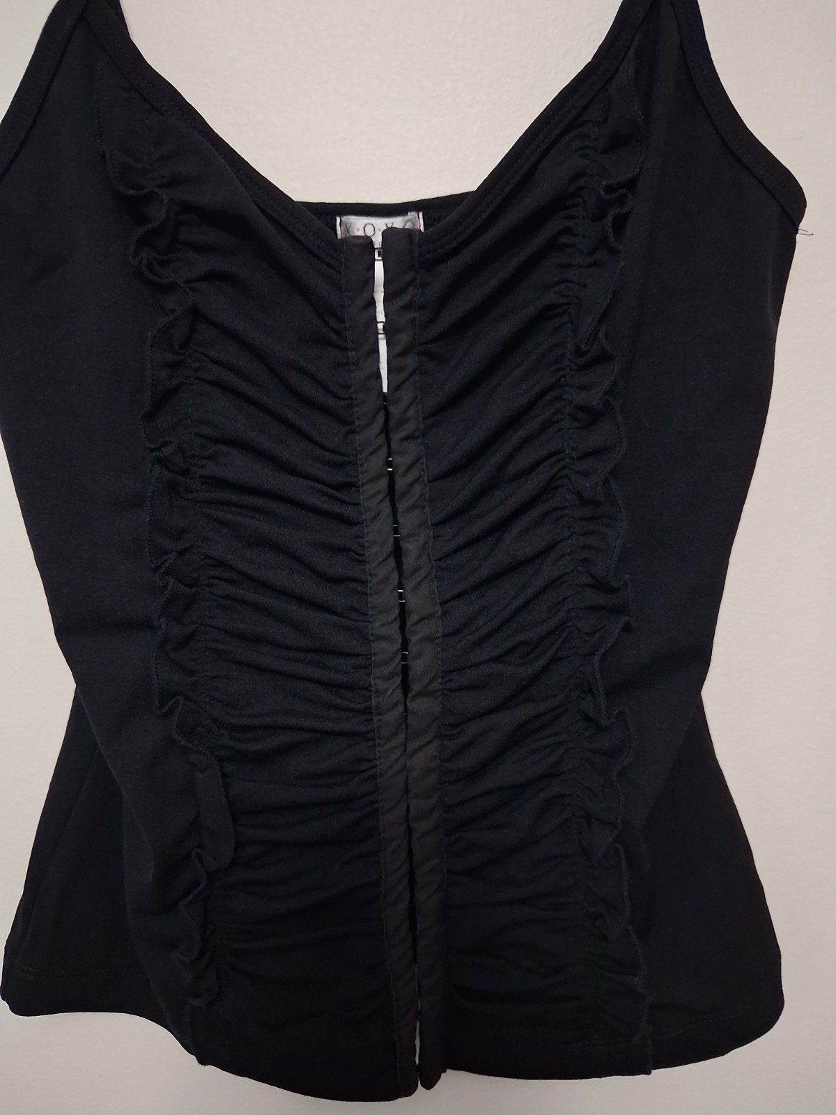 Vtg Y2K XOXO Black Corset Tank Top M Ruched Hook & Eye Ruffle Cami Whimsygoth