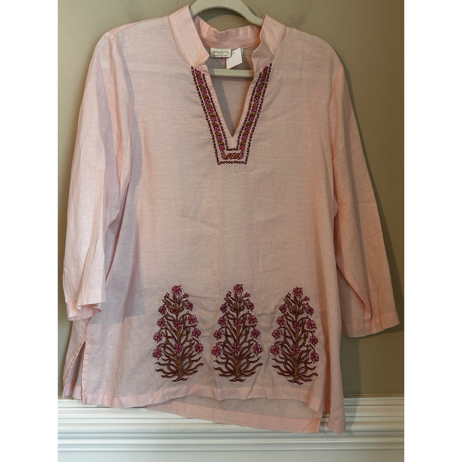 Spartina 449 Size L Everleigh Tunic Pink Tencel Linen Blend Embroidered Floral