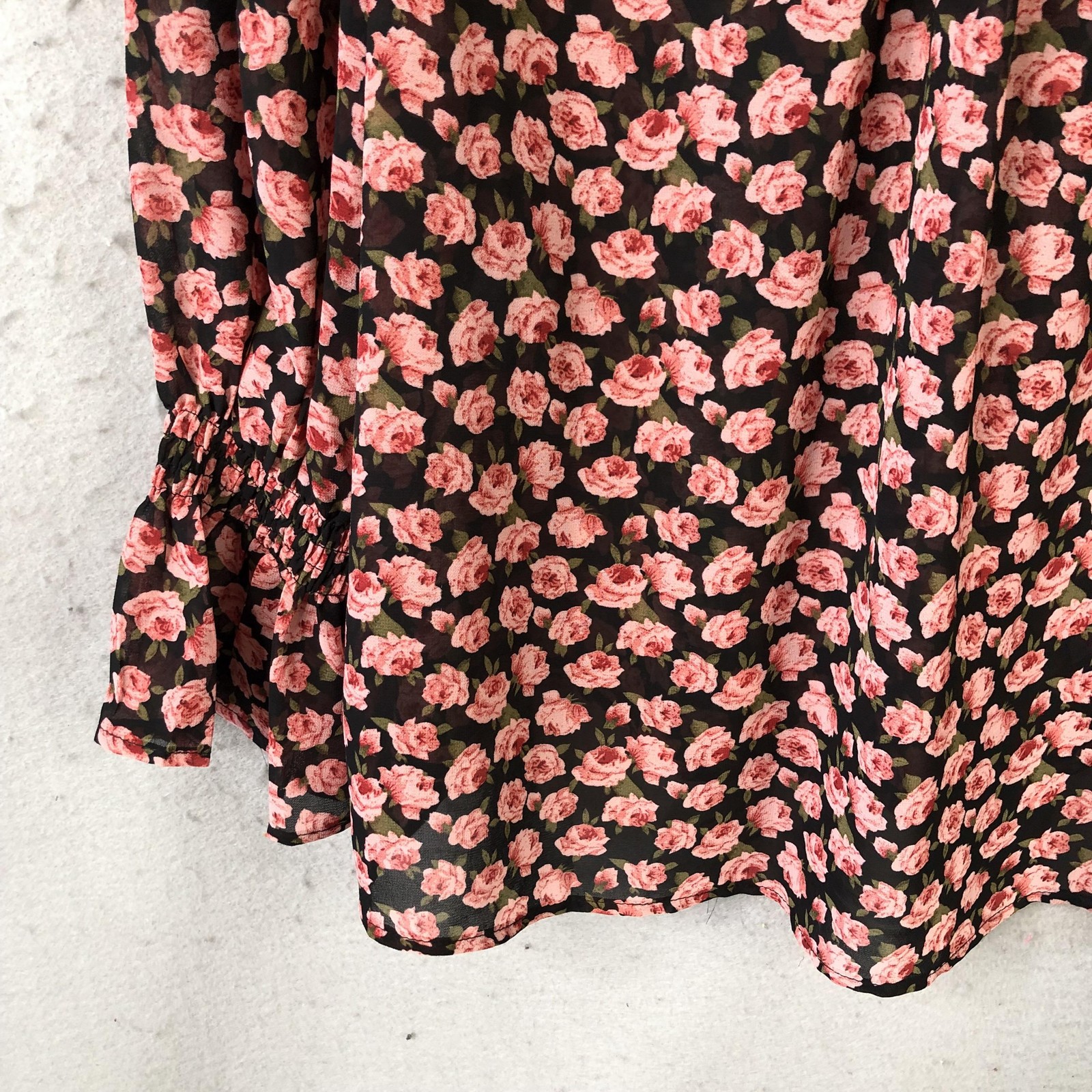 Feminine top Womens S Black Rose Dark Floral Button Front Sheer Ruffle Cottage