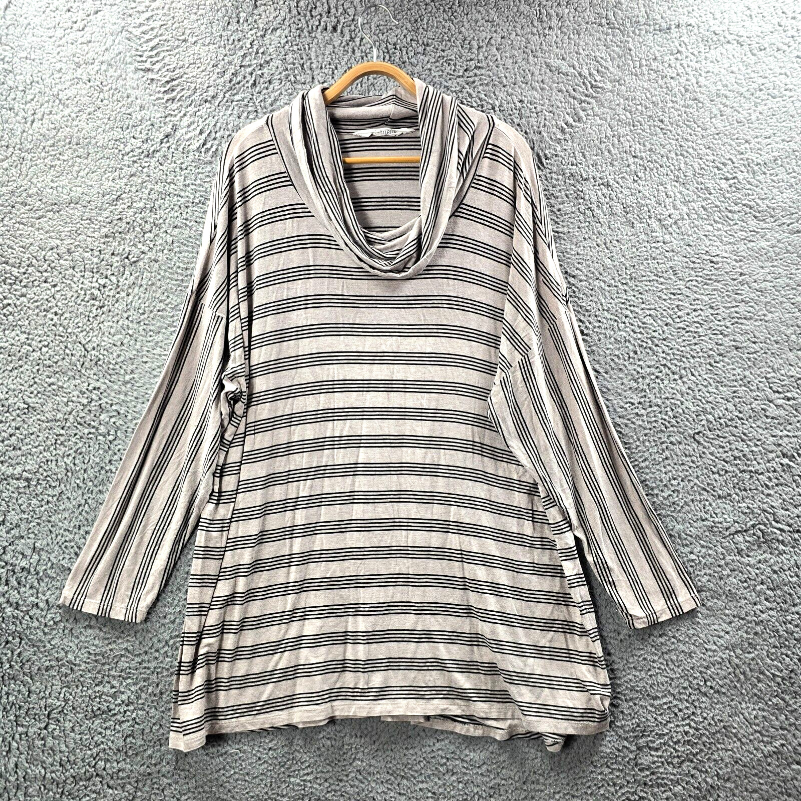 Virtuelle Womens Tunic Top Plus Size L Beige Black Stripe Stretch Knit Cowl Neck
