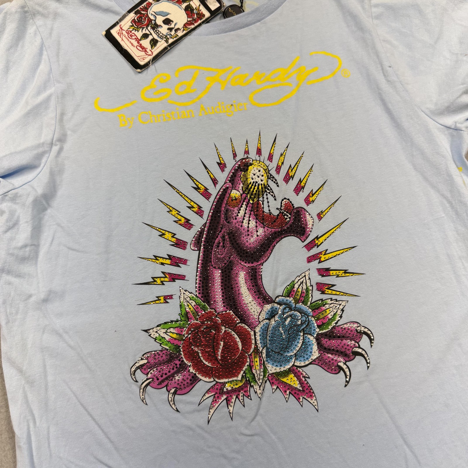 Ed Hardy Shirt Womens XXL Blue Rhinestone Tattoo Graphic Double Sided Tee Y2k