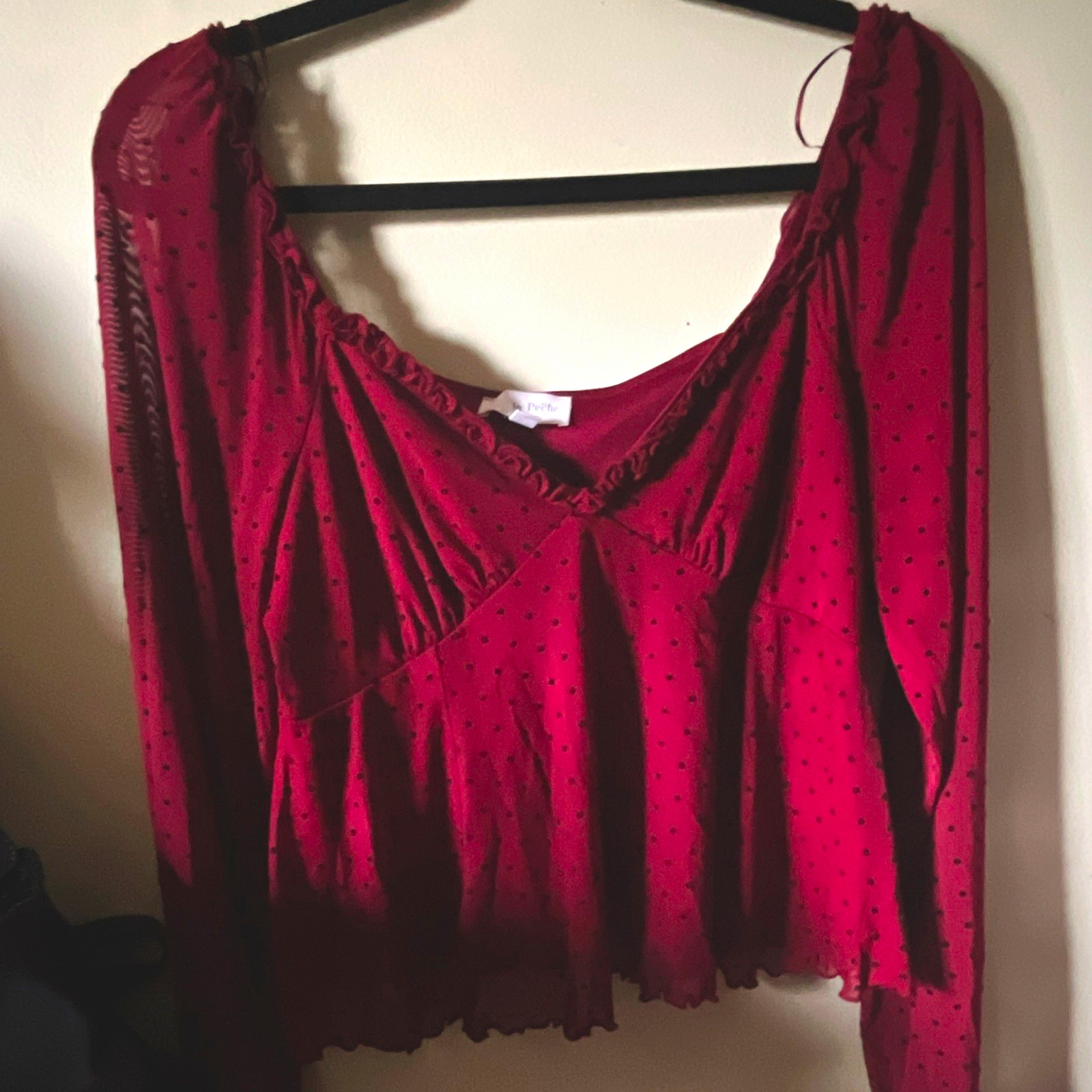 DeAron Red Polka Dot Square Neck Long Sleeve Cropped Ruffle Blouse M