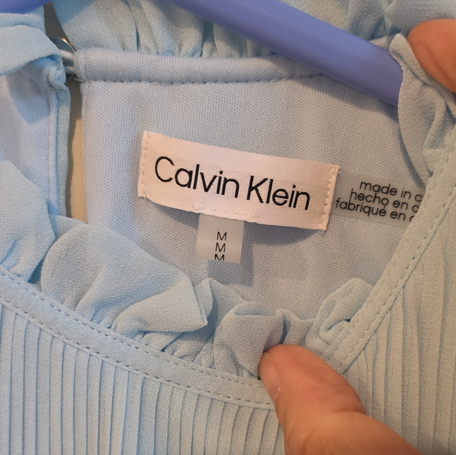 Calvin Klein Blue Solid Polyester Pleated High Neck Ruffle Blouse Long Sleeve M