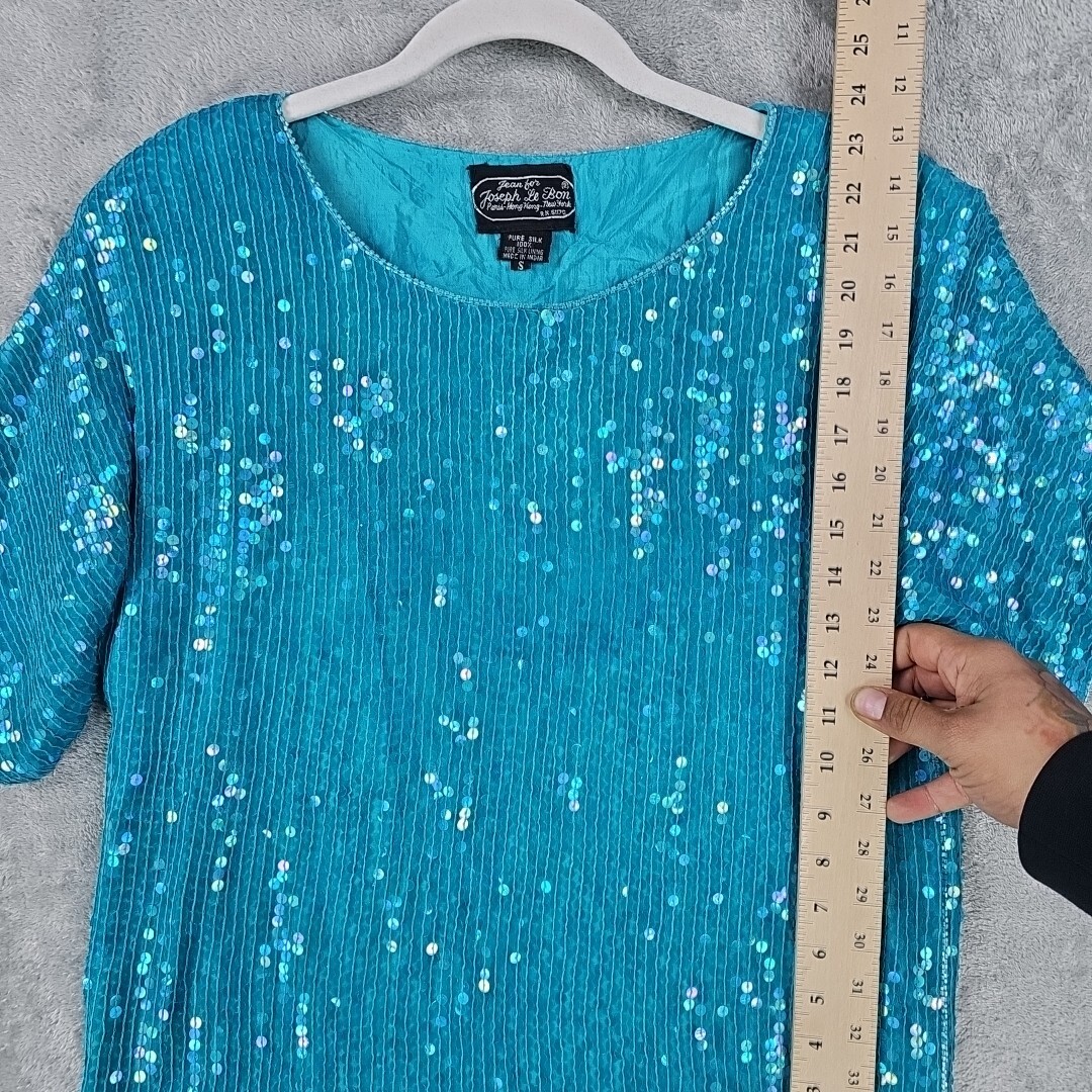 Vintage Jean For Joseph Le Bon Top Womens S Aqua Pure Silk Sequin Shoudler Pads