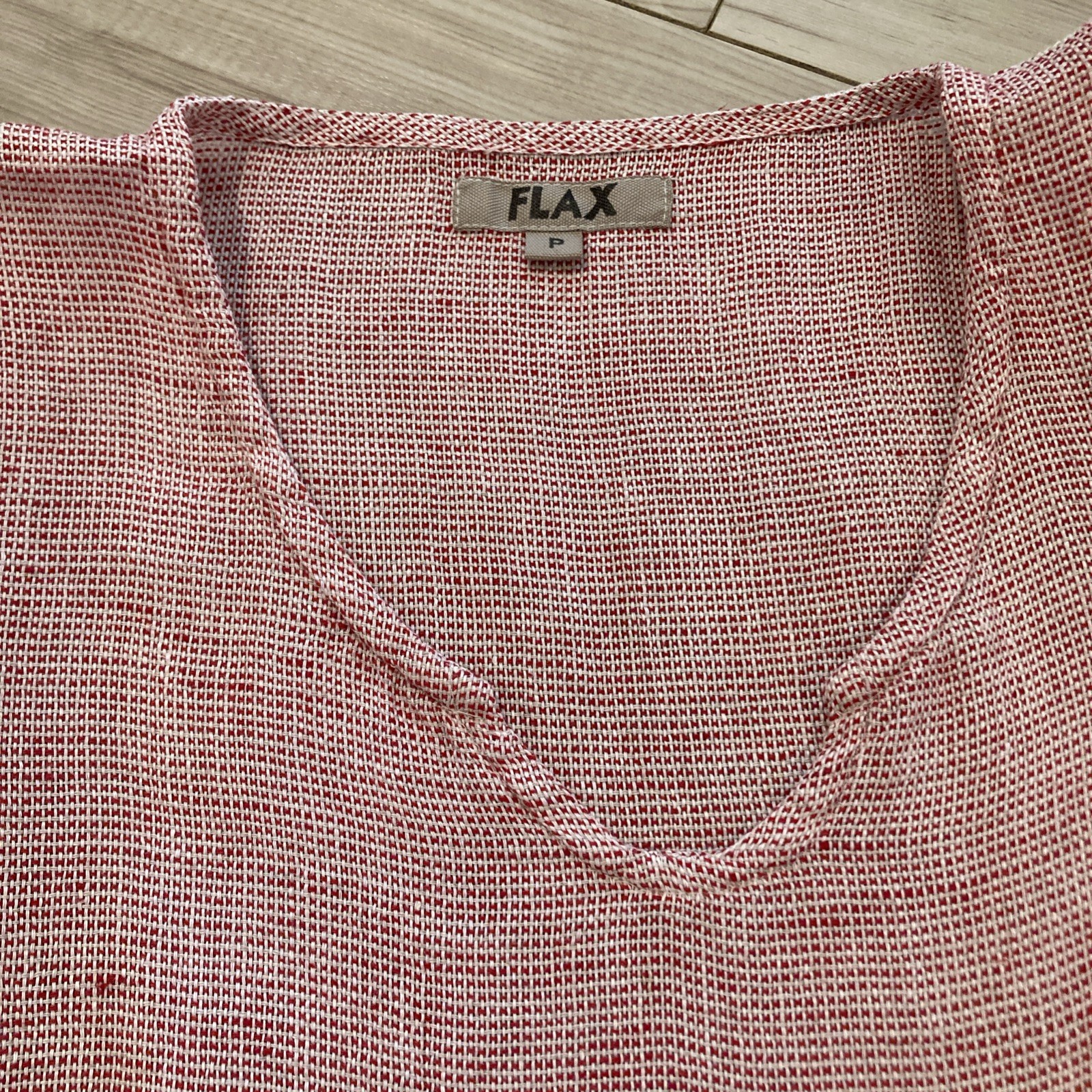FLAX Lagenlook Linen Top Women Sz P Red Lipstick Panama Pullover Tunic Roll Tab