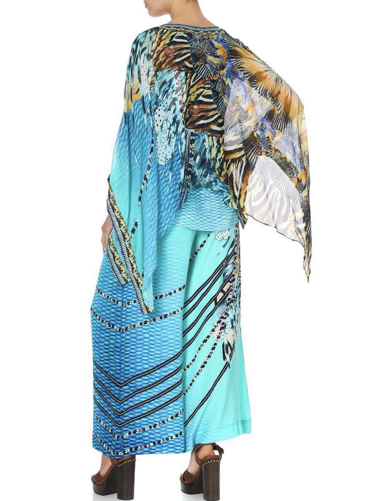 Camilla Sheer Layered Top Blouse Marine Queen Size L/X Silk Green Aqua Boho $549