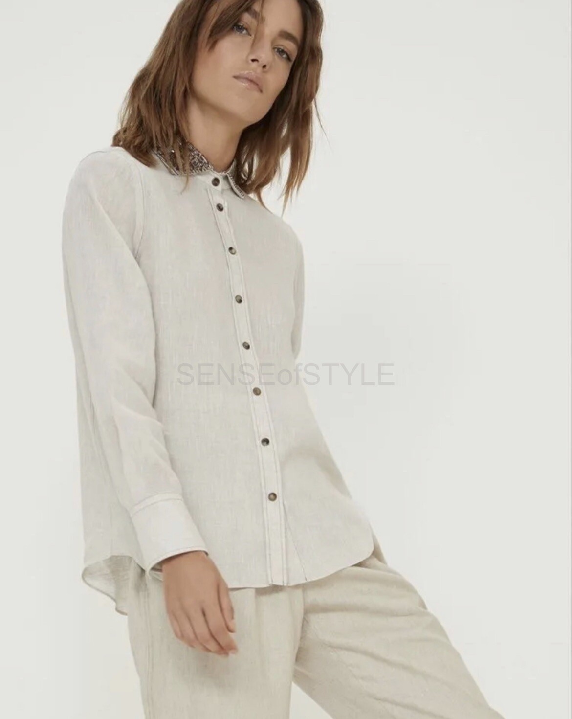 Brunello Cucinelli Women Linen Shirt Top Blouse Monili trim XS 38 2